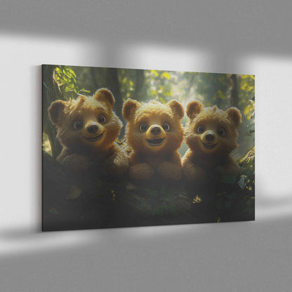 Playful Baby Bear Cubs on a Log in a Magical Forest Christian Canvas Wall Art Decor
