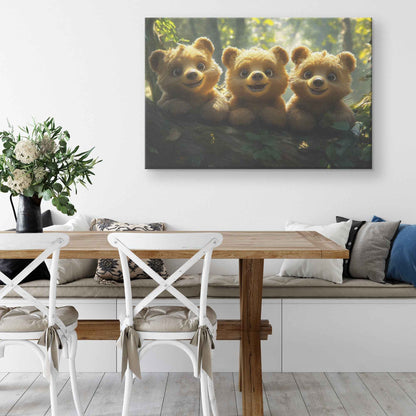 Playful Baby Bear Cubs on a Log in a Magical Forest Christian Canvas Wall Art Decor