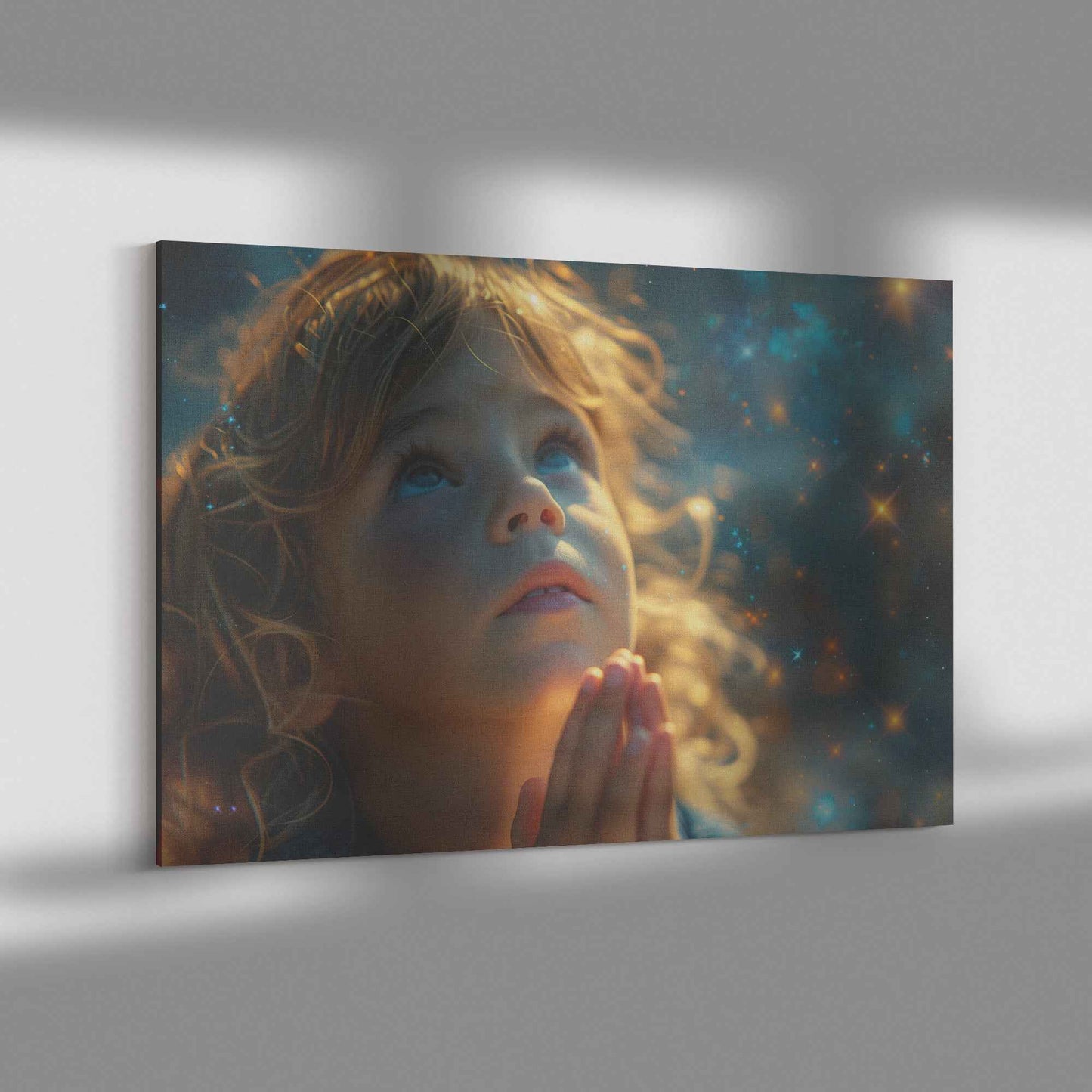 Radiant Faith Little Girl in Prayer Beneath a Celestial Canopy   Inspirational Christian Canvas Wall Art Decor