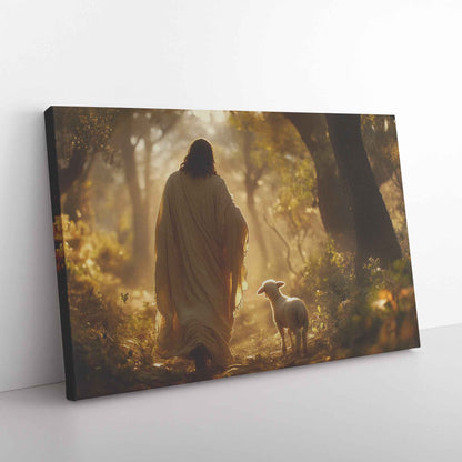 Radiant Hope Jesus Guiding the Lamb to Light in the Enchanted Forest   Christian Canvas Wall Art Decor