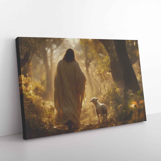Radiant Hope Jesus Guiding the Lamb to Light in the Enchanted Forest   Christian Canvas Wall Art Decor