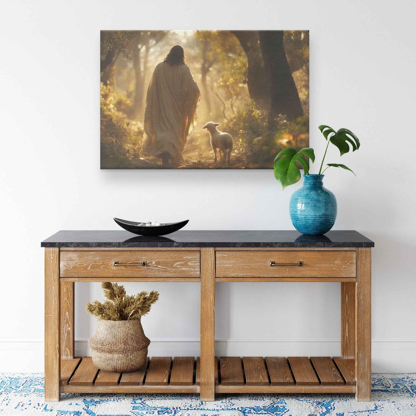 Radiant Hope Jesus Guiding the Lamb to Light in the Enchanted Forest   Christian Canvas Wall Art Decor