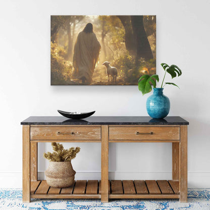 Radiant Hope Jesus Guiding the Lamb to Light in the Enchanted Forest   Christian Canvas Wall Art Decor