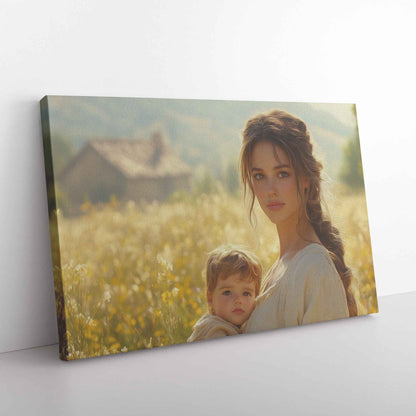 Radiant Joy Mother and Baby Amidst Wildflowers on Rustic Farm Heartwarming Christian Canvas Wall Art Decor