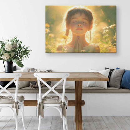 Radiant Morning Prayer Young Girl Surrounded Blooming Flowers in Golden Light   Christian Canvas Wall Art Decor
