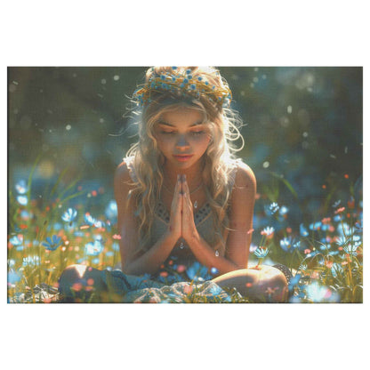 Radiant Reflection Young Girl in Floral Crown Meditating in Wildflower Meadow   Inspiring Christian Canvas Wall Art Decor