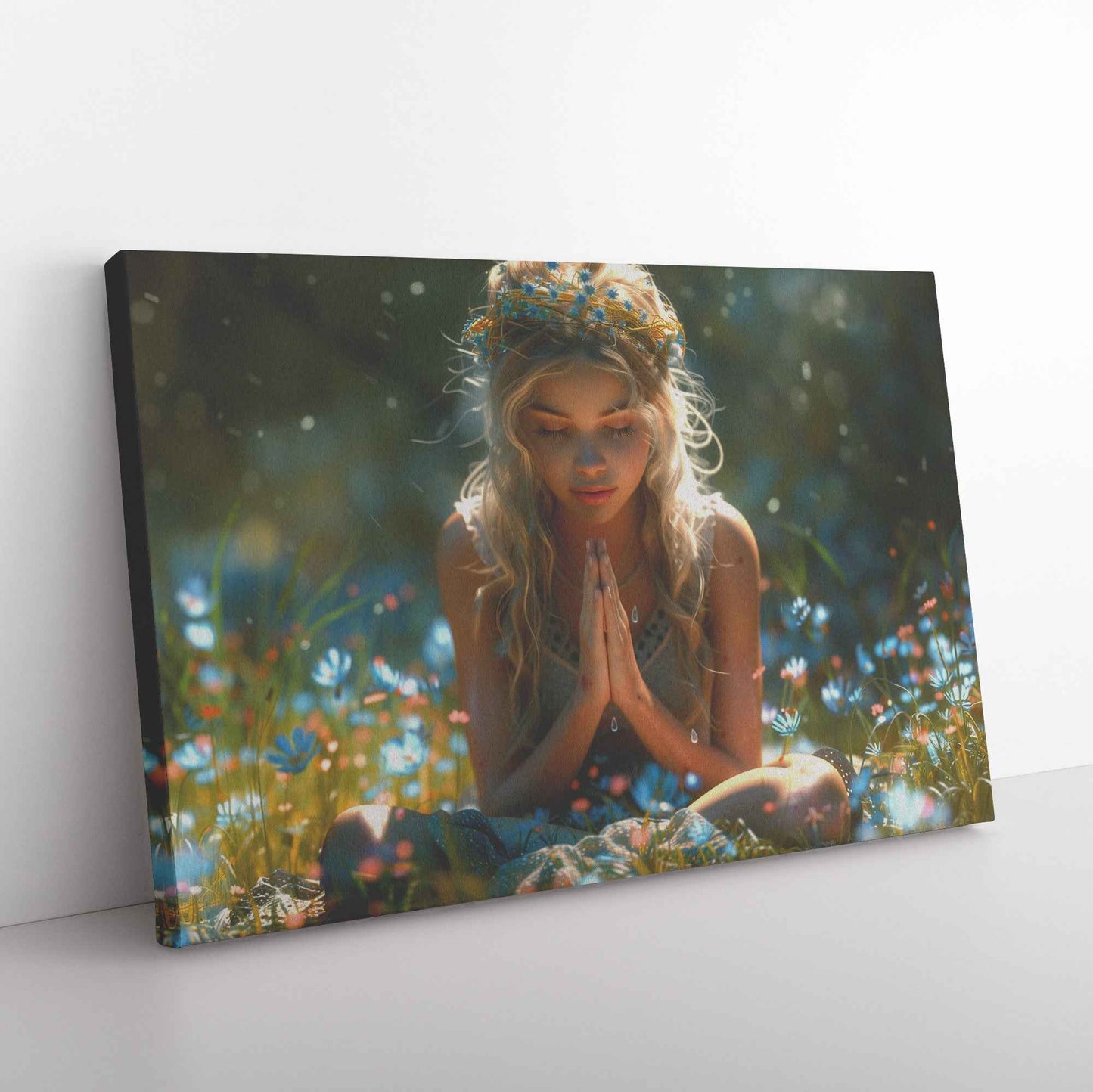 Radiant Reflection Young Girl in Floral Crown Meditating in Wildflower Meadow   Inspiring Christian Canvas Wall Art Decor