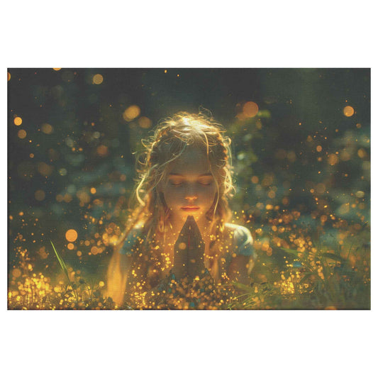 Radiant Serenity Girl Praying Amongst Fireflies  Enchanting Christian Canvas Wall Art Decor