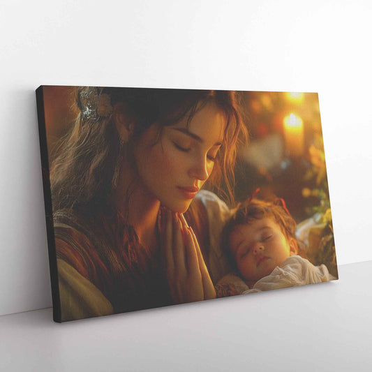 Sacred Moments Young Mother Praying Over Sleeping Baby in Warm Home   Uplifting Christian Canvas Wall Art Decor