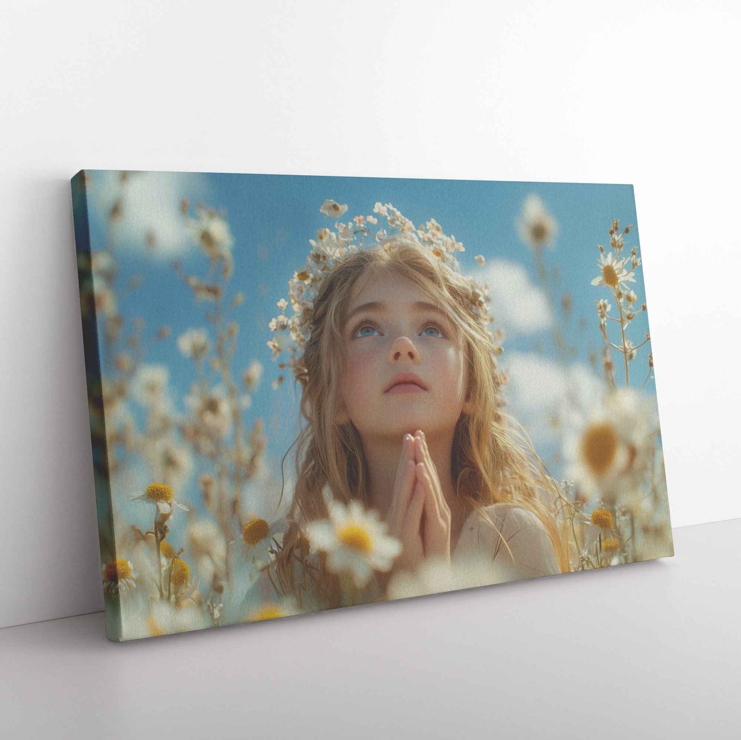 Serene Beauty Young Girl in White Flower Crown Praying in Wildflower Field   Uplifting Christian Canvas Wall Art Decor