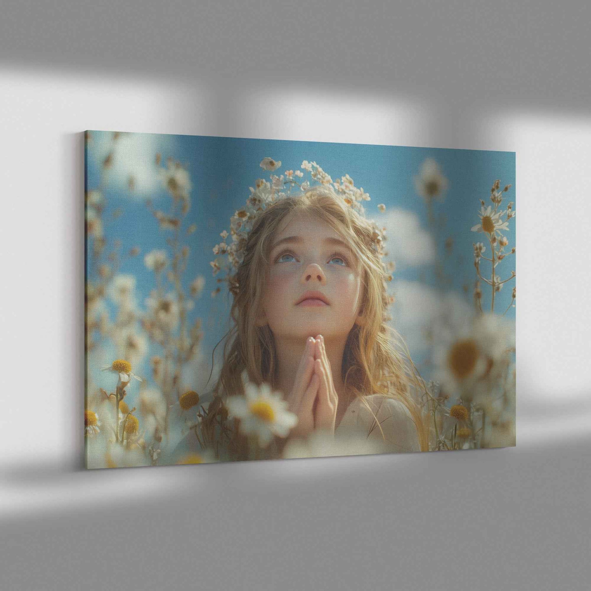 Serene Beauty Young Girl in White Flower Crown Praying in Wildflower Field   Uplifting Christian Canvas Wall Art Decor