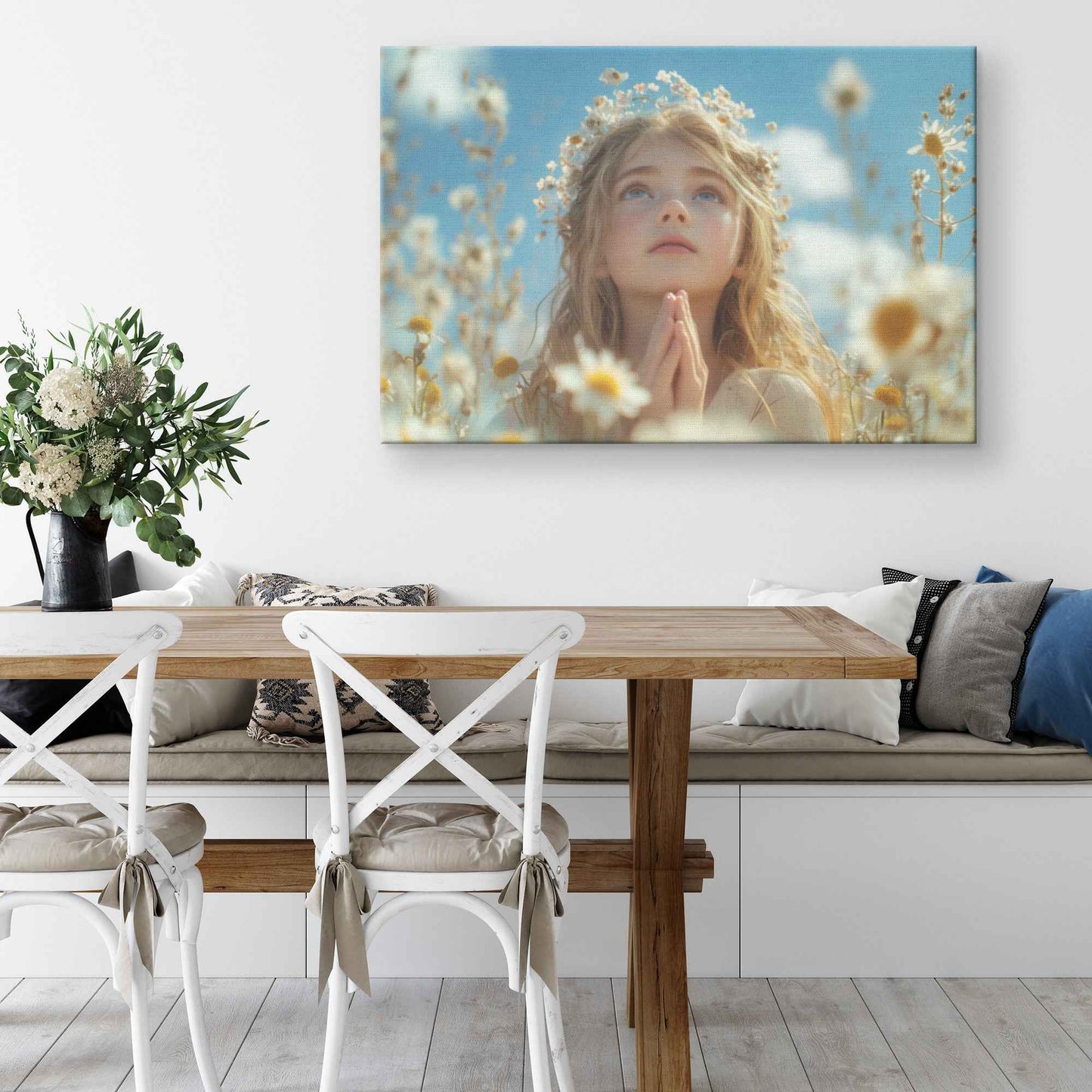 Serene Beauty Young Girl in White Flower Crown Praying in Wildflower Field   Uplifting Christian Canvas Wall Art Decor