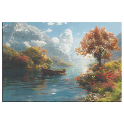 Serene Lake Surrounded Colorful Trees and Flowers with a Gliding Boat Near Autumn Mountains   Captivating Canvas Wall Art Decor