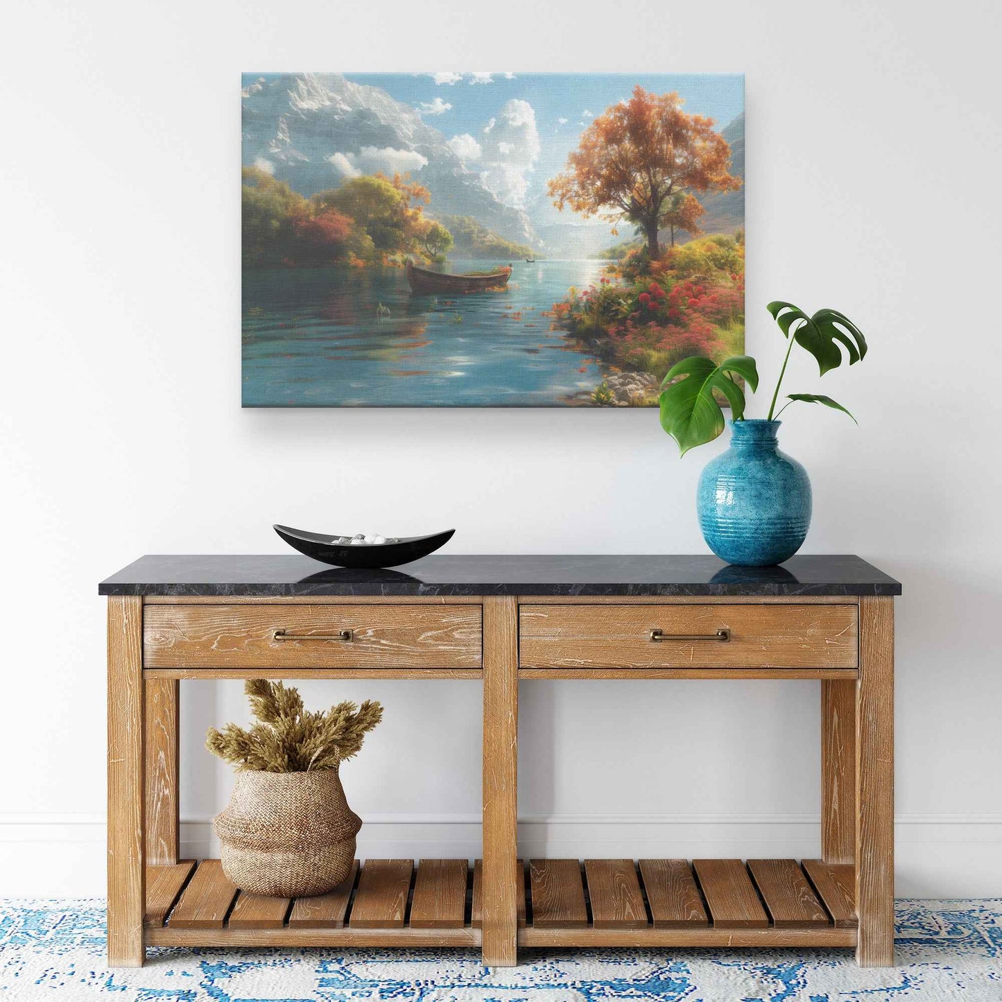 Serene Lake Surrounded Colorful Trees and Flowers with a Gliding Boat Near Autumn Mountains   Captivating Canvas Wall Art Decor