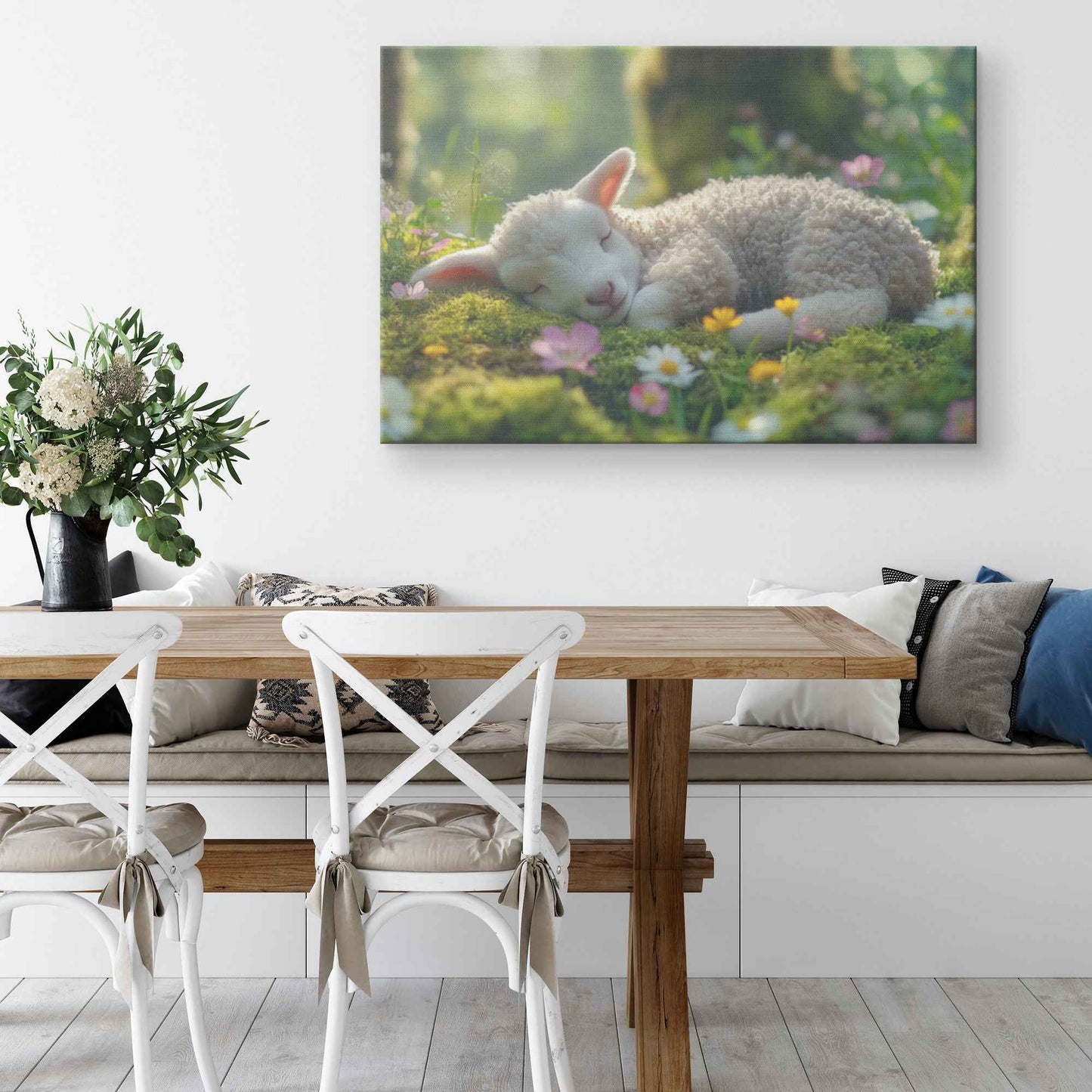 Serene Lamb in a Sunlit Meadow Peaceful Garden Bliss   Christian Canvas Wall Art Decor