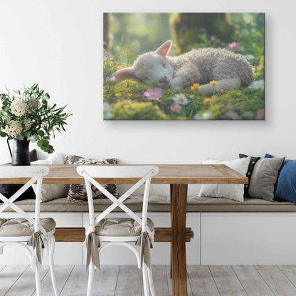 Serene Lamb in a Sunlit Meadow Peaceful Garden Bliss   Christian Canvas Wall Art Decor