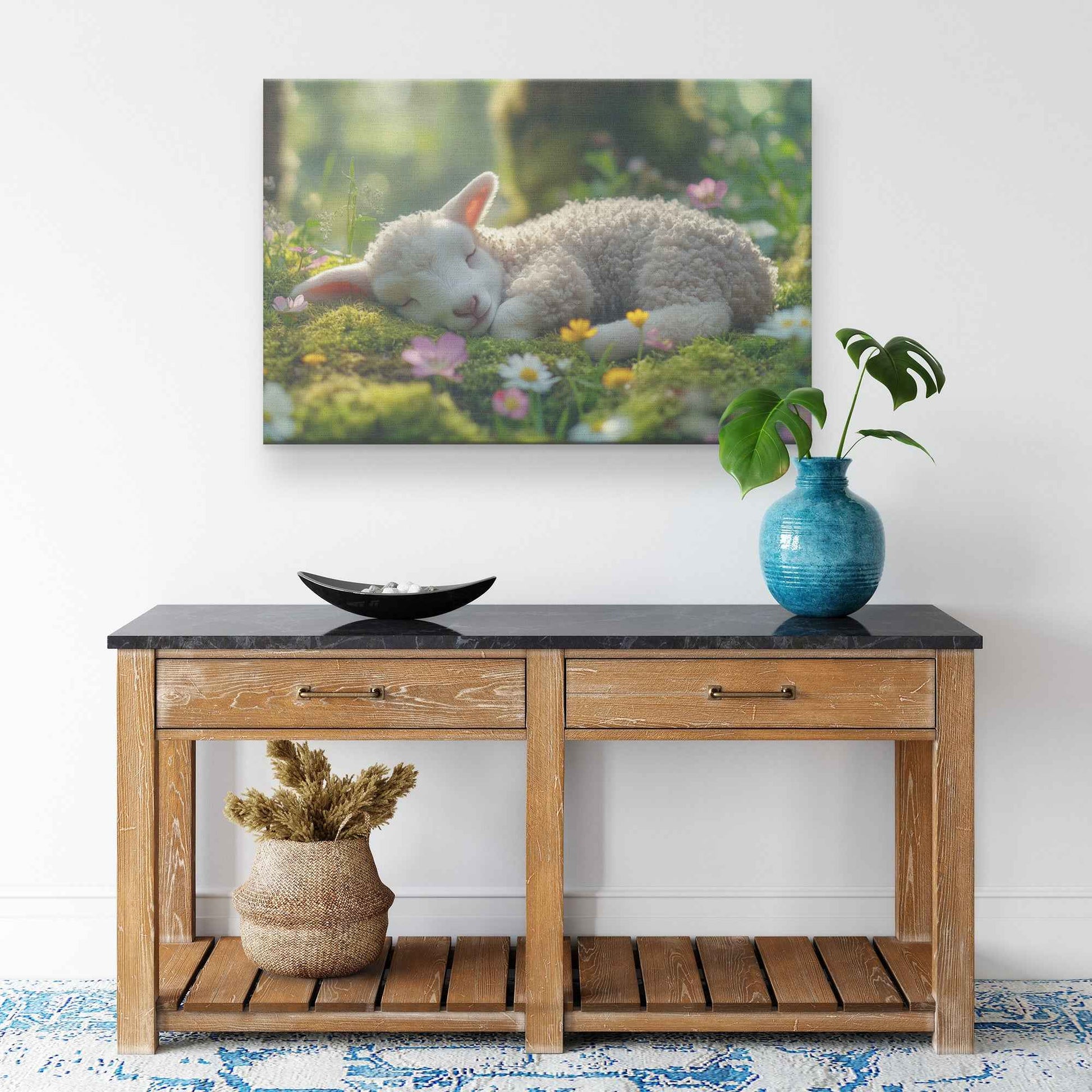 Serene Lamb in a Sunlit Meadow Peaceful Garden Bliss   Christian Canvas Wall Art Decor