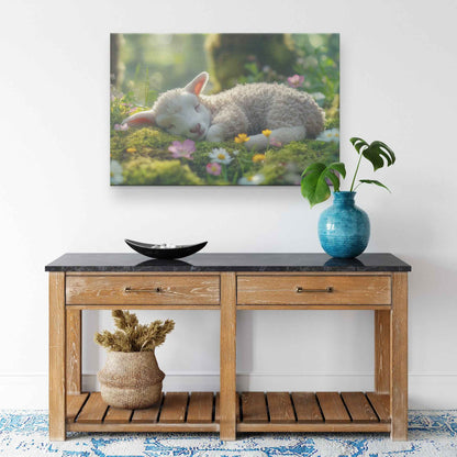 Serene Lamb in a Sunlit Meadow Peaceful Garden Bliss   Christian Canvas Wall Art Decor