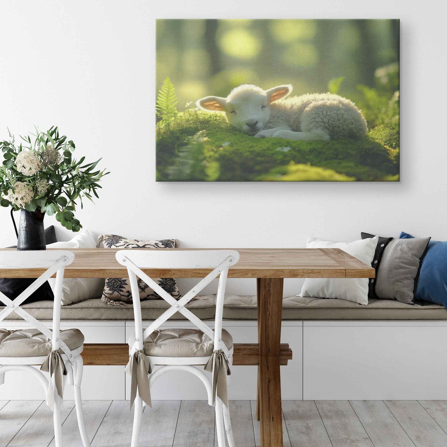 Serene Lamb in Ethereal Light Embracing Nature's Tranquility   Christian Canvas Wall Art Decor