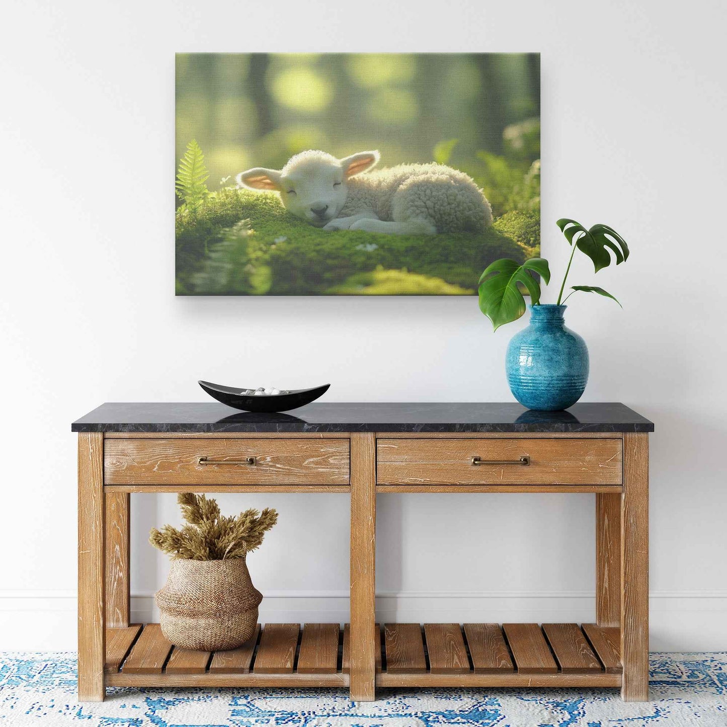 Serene Lamb in Ethereal Light Embracing Nature's Tranquility   Christian Canvas Wall Art Decor