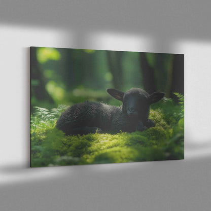 Serenity in Nature Black Lamb Resting Amongst Moss and Sunlight   Christian Canvas Wall Art Decor