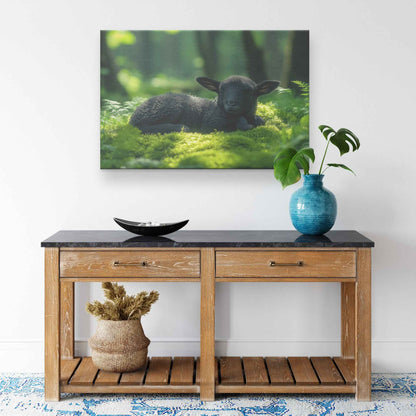 Serenity in Nature Black Lamb Resting Amongst Moss and Sunlight   Christian Canvas Wall Art Decor