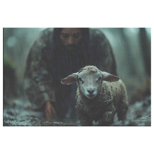 Shepherd of Hope Jesus Leading the Fearful Sheep Through the Rain and Fog   Christian Canvas Wall Art Decor