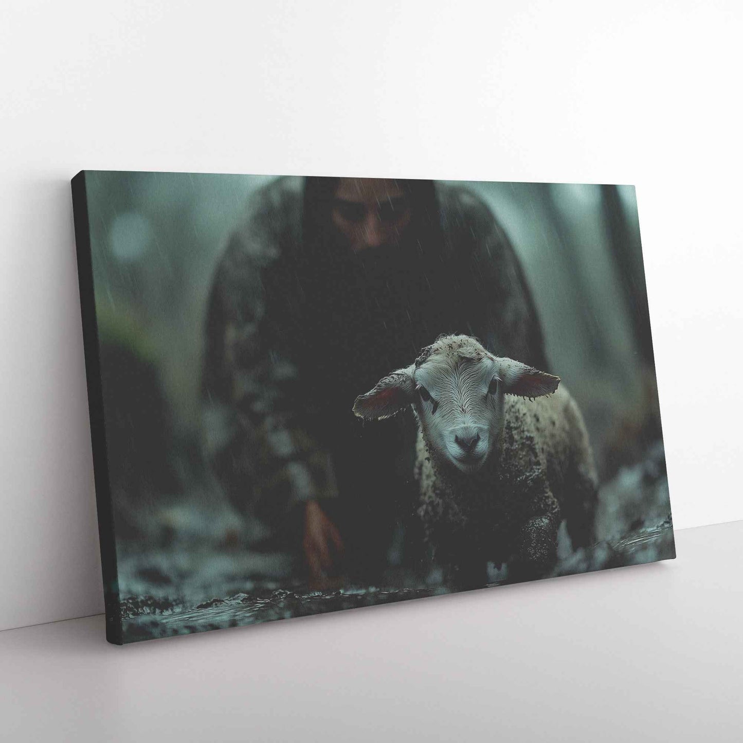 Shepherd of Hope Jesus Leading the Fearful Sheep Through the Rain and Fog   Christian Canvas Wall Art Decor