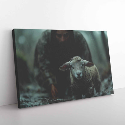 Shepherd of Hope Jesus Leading the Fearful Sheep Through the Rain and Fog   Christian Canvas Wall Art Decor
