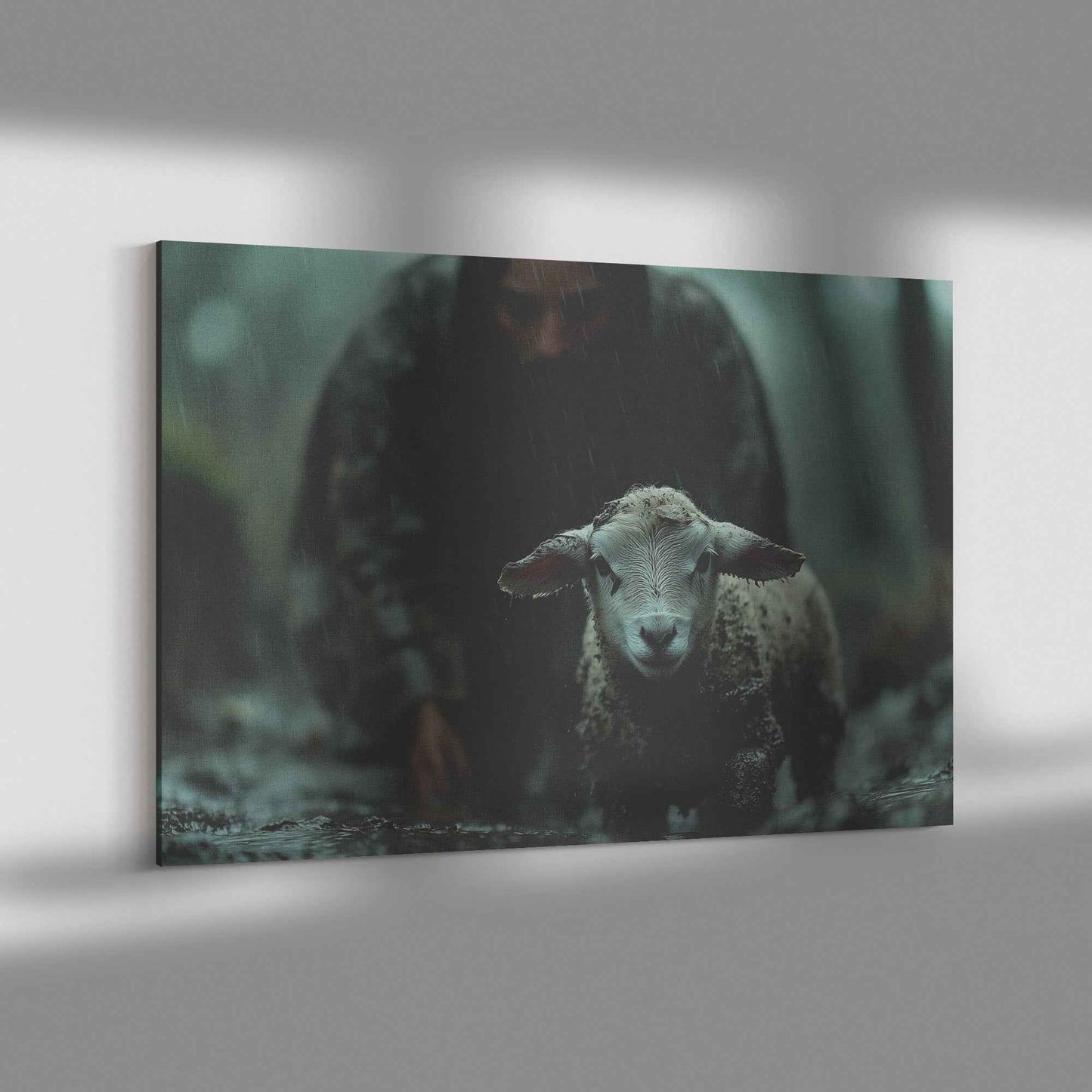 Shepherd of Hope Jesus Leading the Fearful Sheep Through the Rain and Fog   Christian Canvas Wall Art Decor