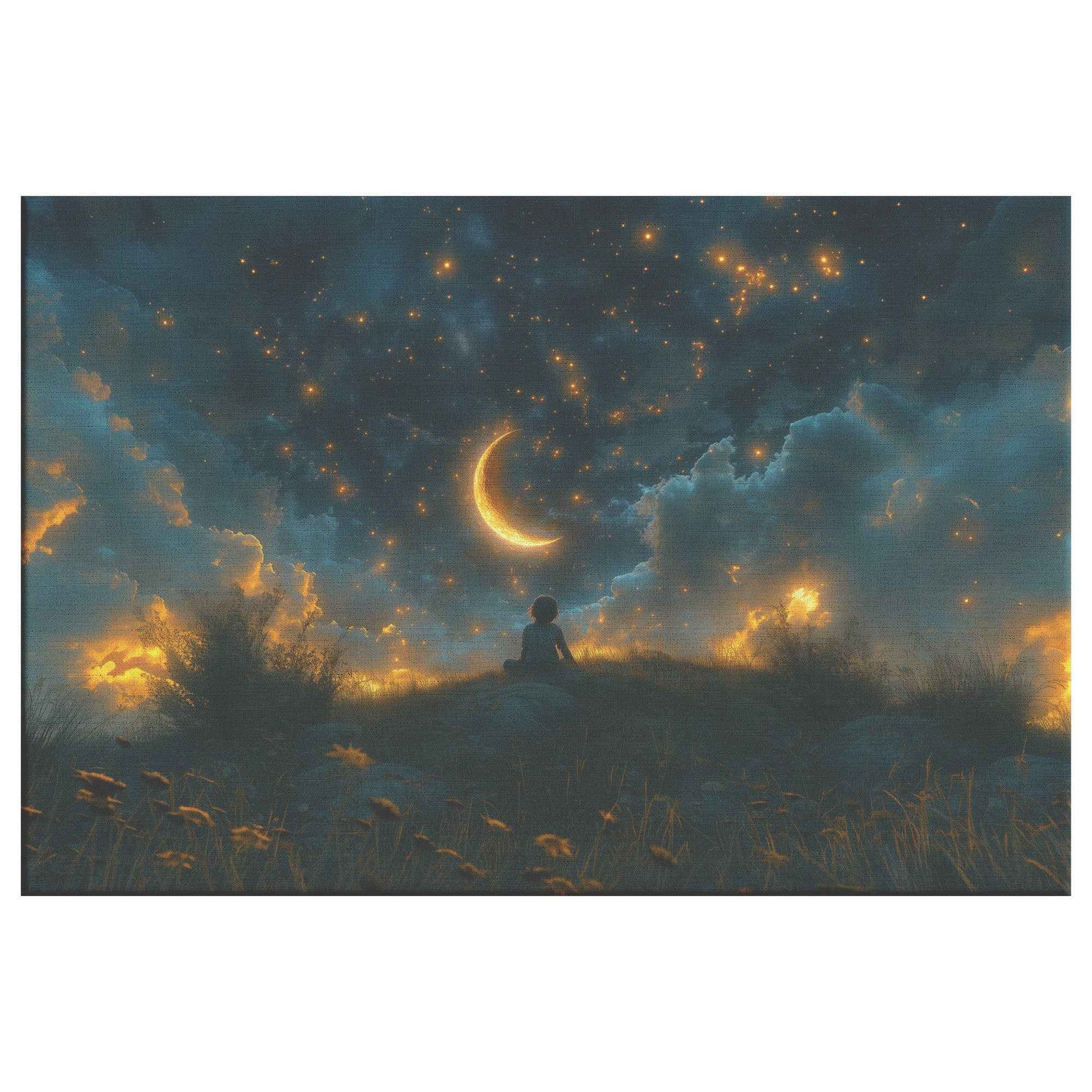 Starry Dreams Young Boy in Awe Under Enchanting Night Sky  Awakening Wonder Canvas Wall Art Decor