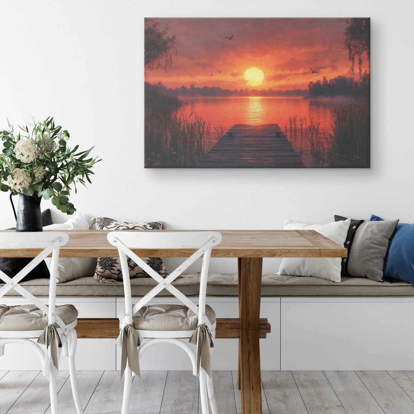 Stunning Sunset Over Tranquil Lake with Wooden Dock and Birds  Elegant Natural Scenery Canvas Wall Art