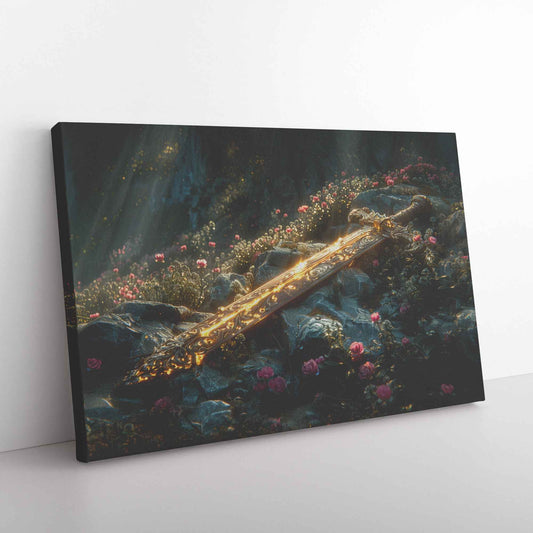 Sword of Righteousness Divine Light on the Path Amidst Blossoms and Greenery   Christian Canvas Wall Art Decor