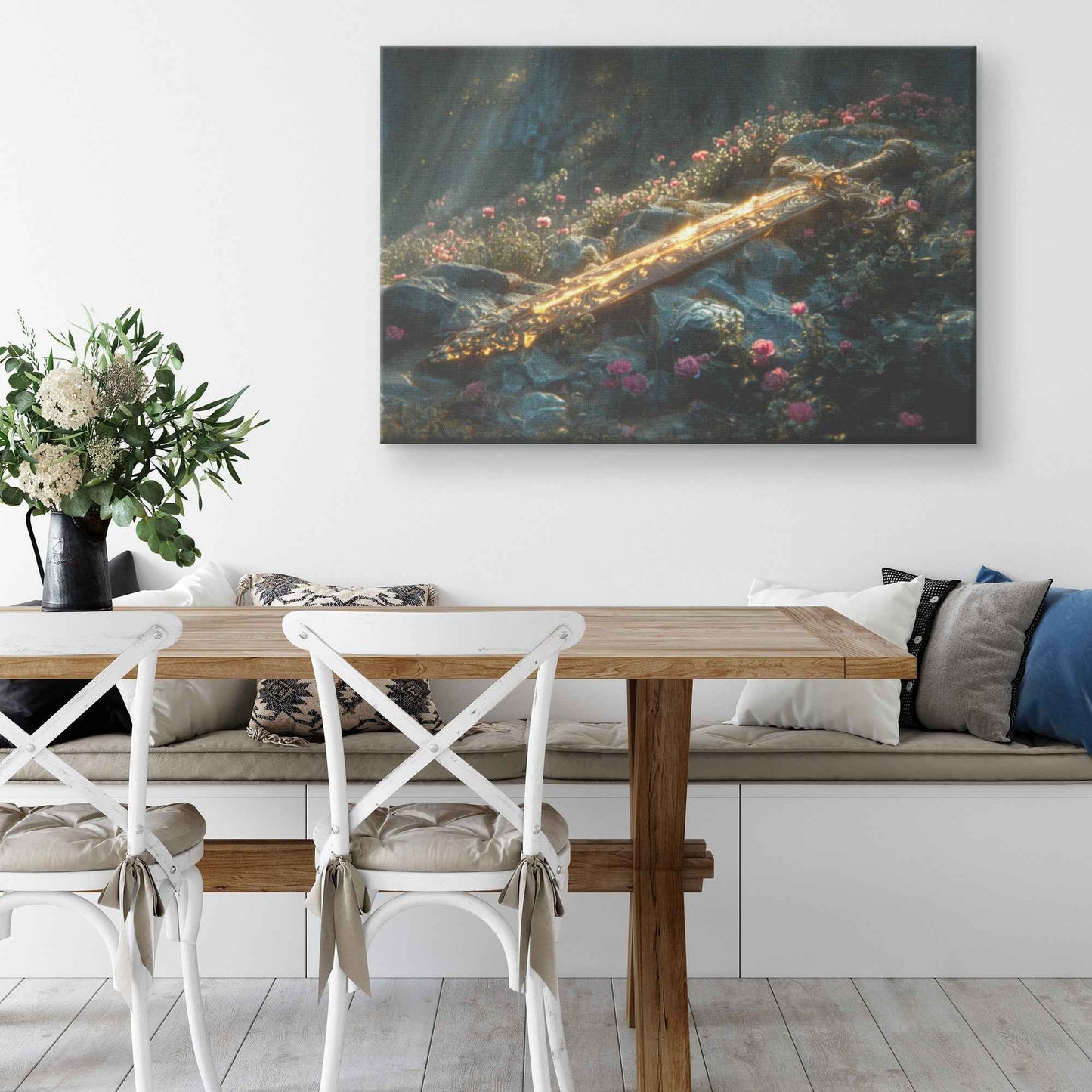 Sword of Righteousness Divine Light on the Path Amidst Blossoms and Greenery   Christian Canvas Wall Art Decor