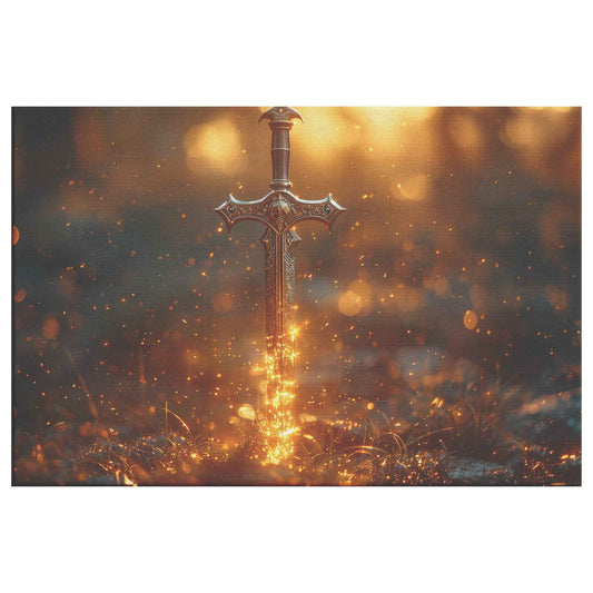 Sword of Righteousness Golden Blade of Light in an Enchanted Field   Christian Canvas Wall Art Decor