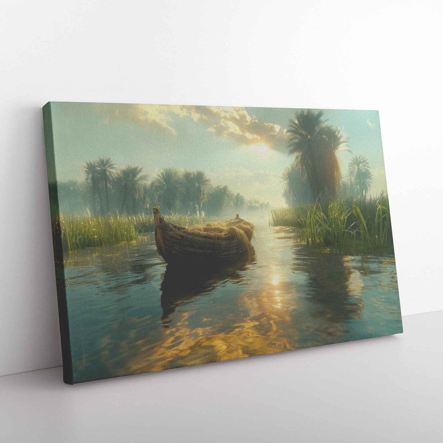 Tranquil River Scene with a Small Boat Gliding Through Lush Greenery and Palm Trees Reflecting Calm Waters Under Bright Sunlight   Serene Natural Scenery Canvas Wall Art Decor