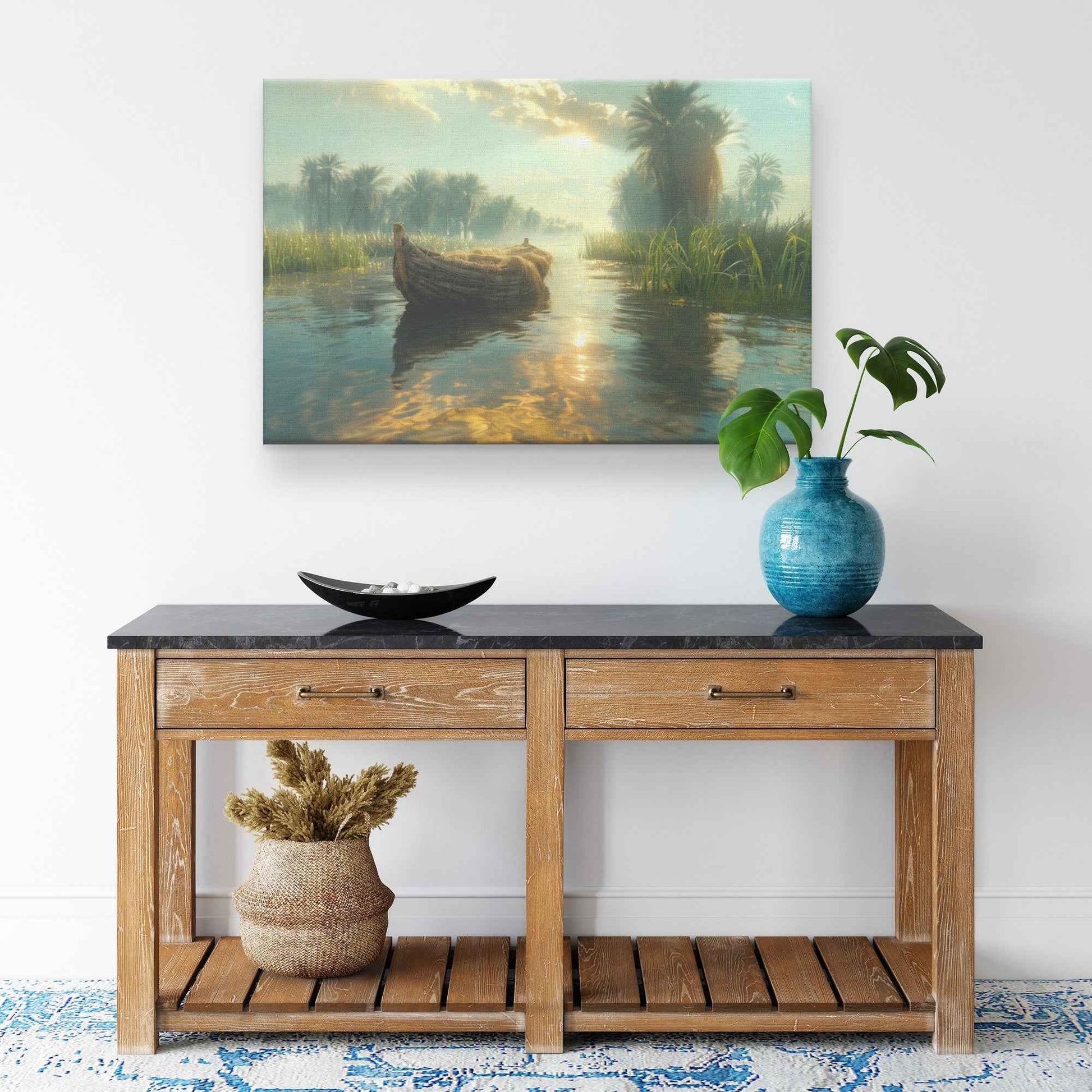 Tranquil River Scene with a Small Boat Gliding Through Lush Greenery and Palm Trees Reflecting Calm Waters Under Bright Sunlight   Serene Natural Scenery Canvas Wall Art Decor