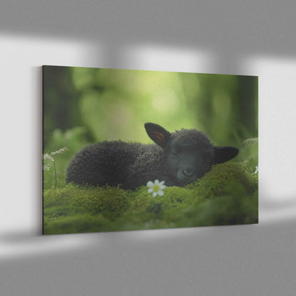 Tranquil Slumber Black Lamb Resting in Natures Embrace Christian Canvas Wall Art Decor