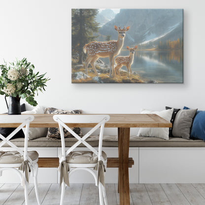 Two Deer Lake with Mountains and Trees  Fawn and Mother Wildlife Art for Home Living Room or Office  Canvas Wall Art Decor - Awakening Righteousness