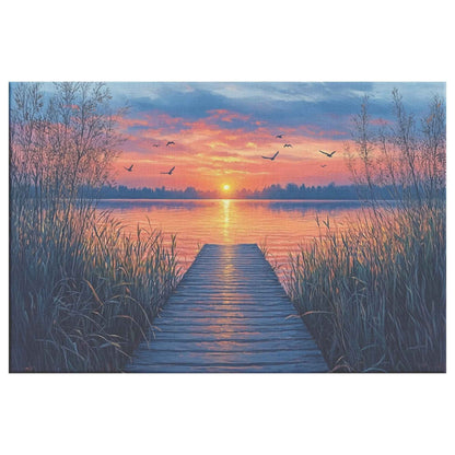 Vibrant Sunset Over Tranquil Lake with Reeds and Birds  Stunning Natural Scenery Landscape  Canvas Wall Art