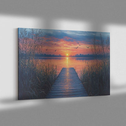 Vibrant Sunset Over Tranquil Lake with Reeds and Birds  Stunning Natural Scenery Landscape  Canvas Wall Art
