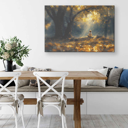 Whispers of Peace Child Praying Under a Tree in an Enchanted Golden Forest   Christian Canvas Wall Art Decor