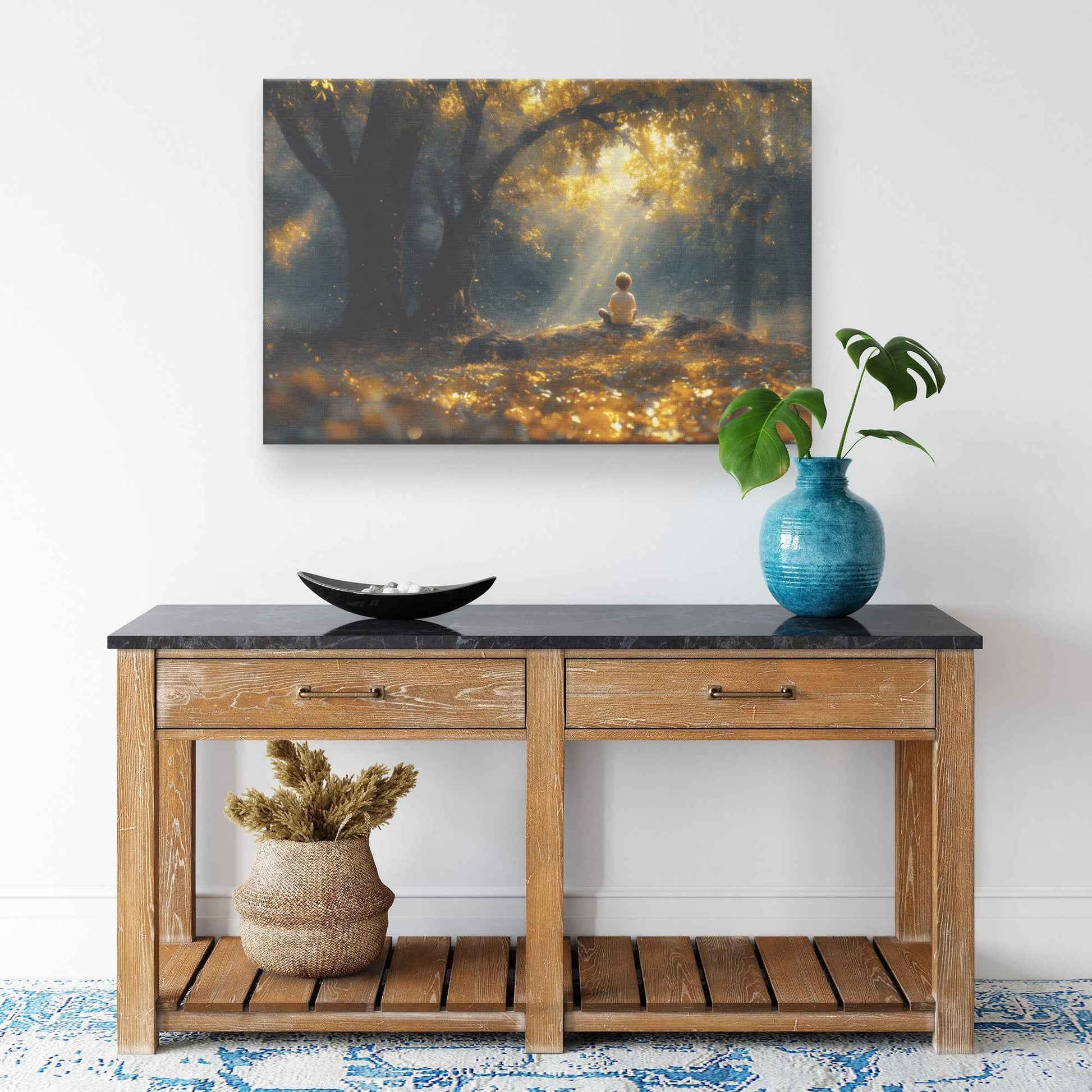 Whispers of Peace Child Praying Under a Tree in an Enchanted Golden Forest   Christian Canvas Wall Art Decor