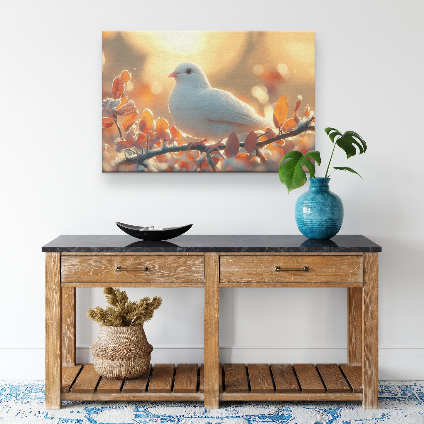 White Dove Perched on Autumn Branch Surrounded Orange and Red Leaves  Serene Wildlife Canvas Wall Art for Living Room Bedroom or Home Decor  Canvas Wall Art Decor - Awakening Righteousness