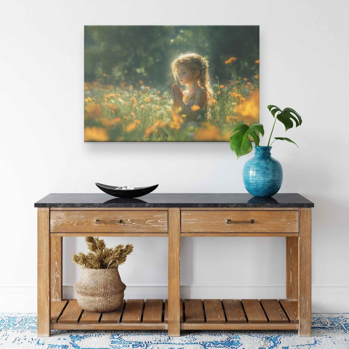 Young Girl’s Peaceful Prayer Amid Blooming Flowers and Sunlit Greenery   Christian Canvas Wall Art Decor
