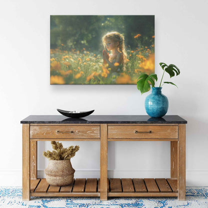 Young Girl’s Peaceful Prayer Amid Blooming Flowers and Sunlit Greenery   Christian Canvas Wall Art Decor