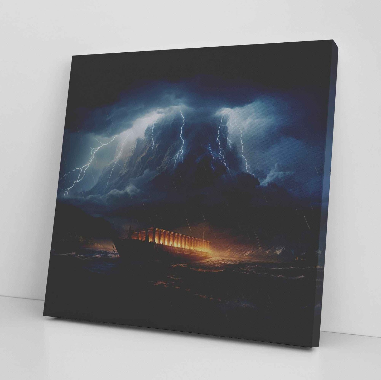 Noah's Ark In The Ocean With A Lightning Storm Square Canvas Wall Art