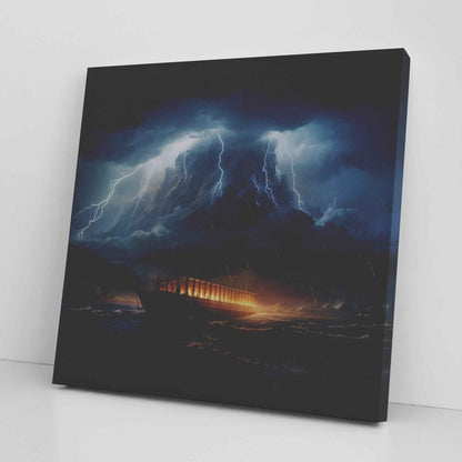 Noah's Ark In The Ocean With A Lightning Storm Square Canvas Wall Art
