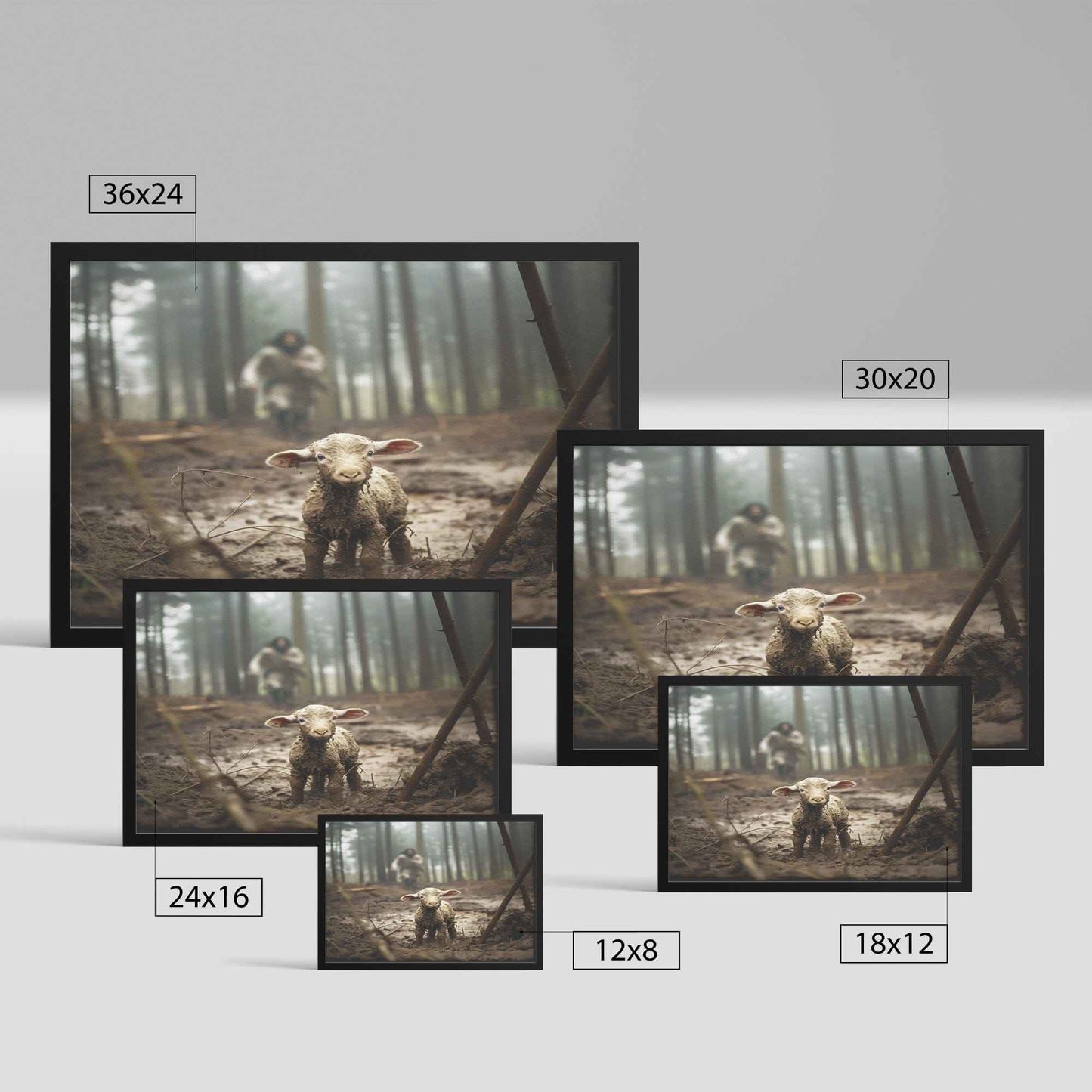 Jesus Runs Towards A Lost Lamb In The Forest Wall Art Print With Frame
