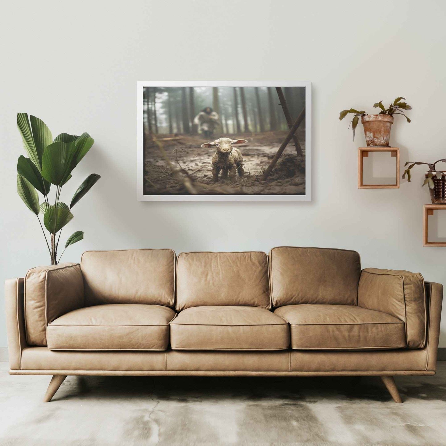 Jesus Runs Towards A Lost Lamb In The Forest Wall Art Print With Frame